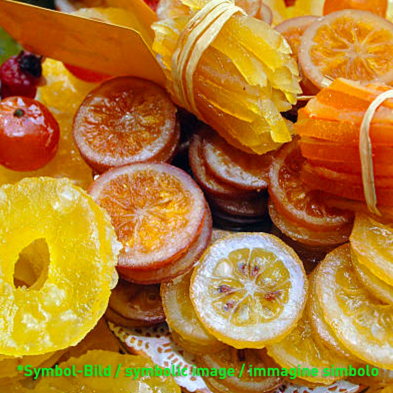 Früchte, kandiert + dreifarbig / frutta candita 3 colori - Dose 5 kg - Eisbecher Dekor Garnier Artikel