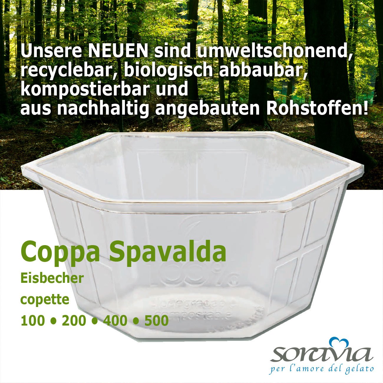 Coppa Spavalda 100 - Karton 2400 Stück -  Eisbecher aus biologisch abbaubarem Plastik 